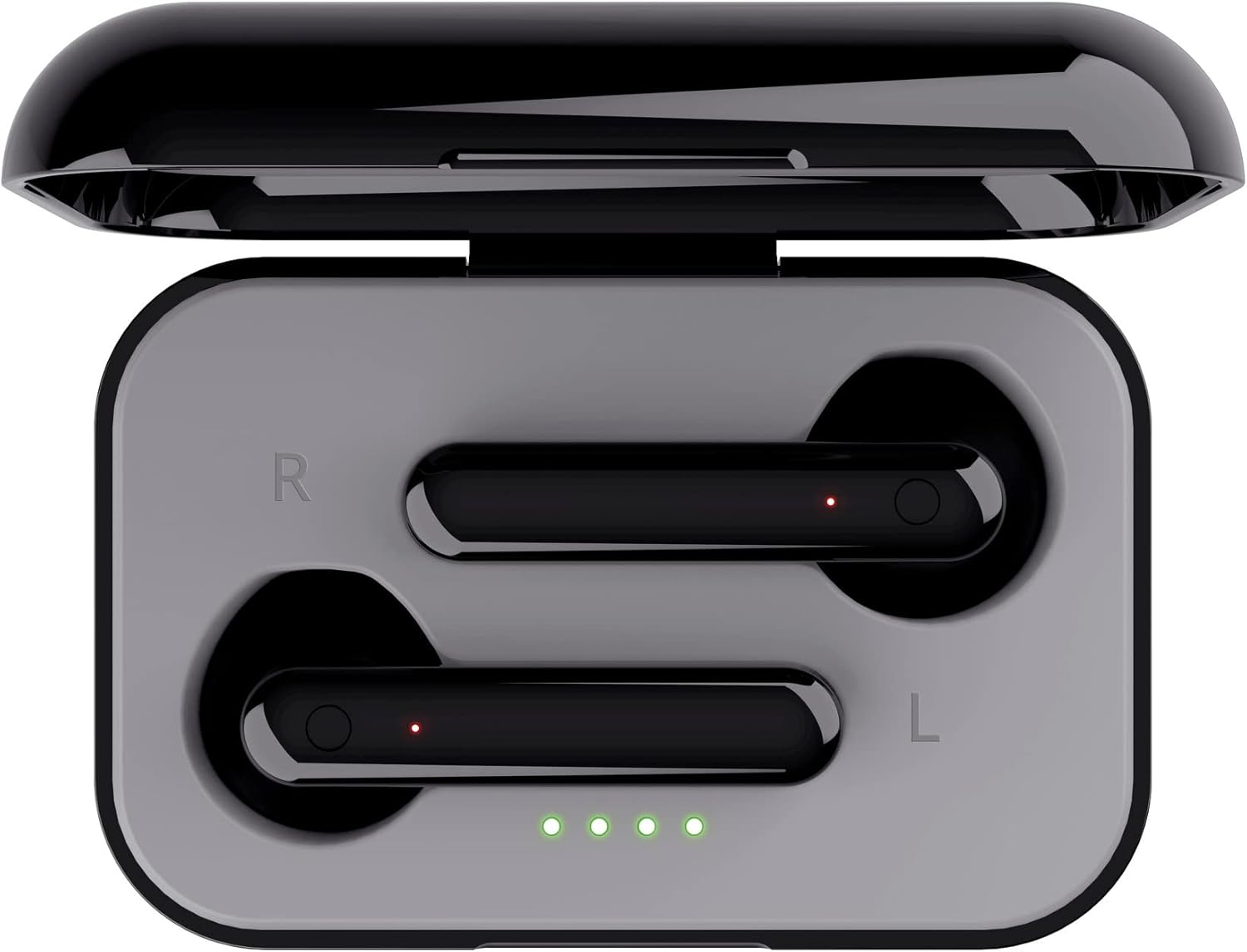 ടോപ്പ് ഡൗൺ view of the Trust Primo Touch True Wireless Earbuds in their open charging case, showing the charging indicators.