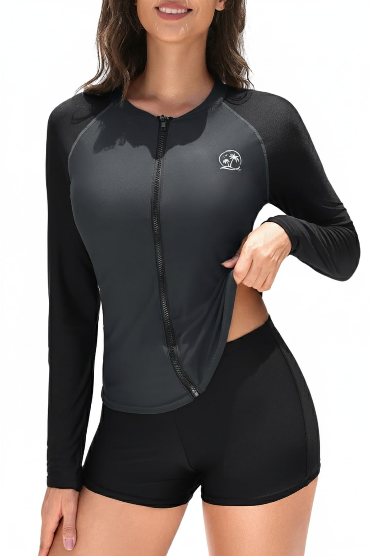 2 Piece Rash Guard for Women - Long Sleeve Swimsuit with Shorts UPF 50+ Zipper Swim Shirt