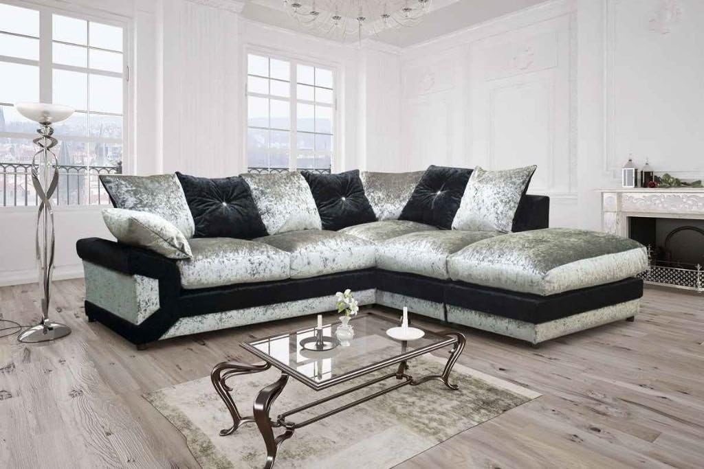 Vargas Crushed Velvet Fabric Sofa (Right hand Corner, Black + Silver)