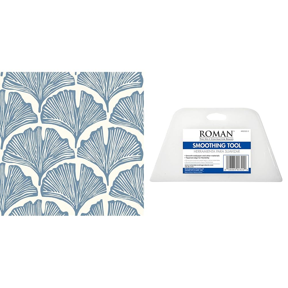 Tempaperx Novogratz Waverly 20.5in x 16.5ft Blue Feather Palm Removable Wallpaper & Roman 7.75in Wallpaper Smoothing Tool