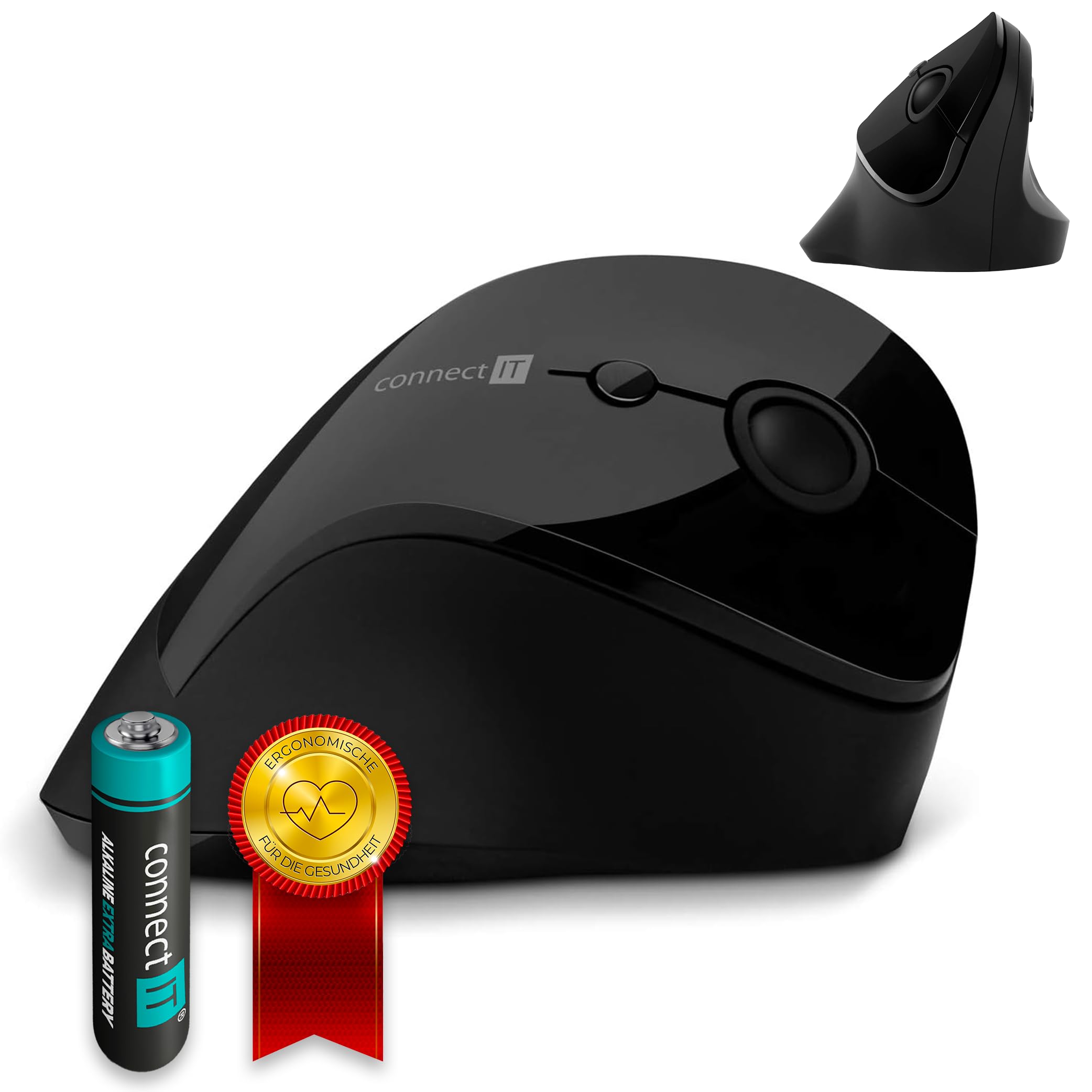 Connect It for Health Souris Ergonomique Verticale (+ 1 Pile AA Gratuite), sans Fil, Noir