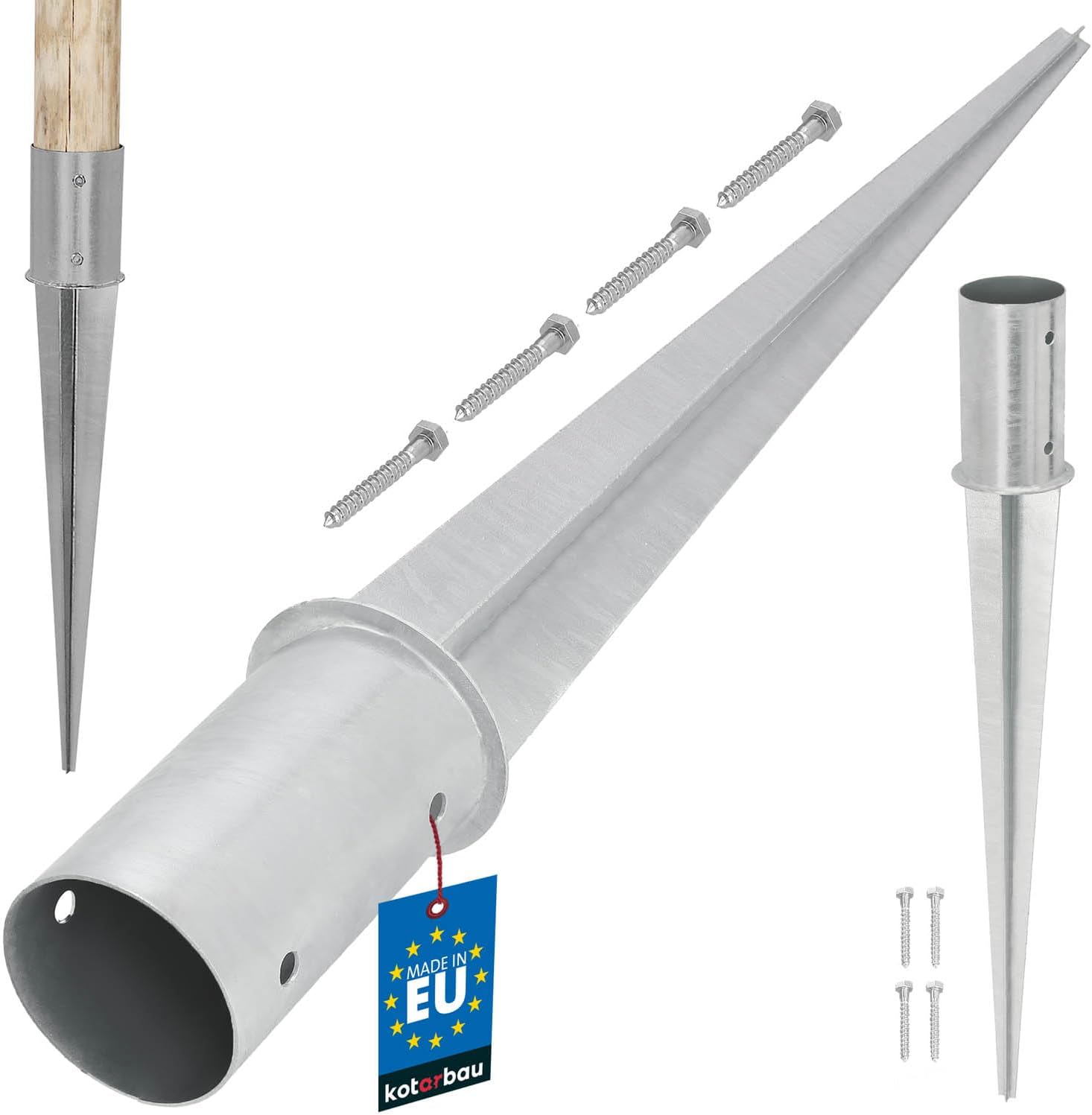 KOTARBAU® Palo di sostegno tondo diametro 80 mm Palo in acciaio zincato a caldo Pali di ancoraggio a terra Trave di supporto Pali di ancoraggio Pali di fissaggio Legno Argento Lunghezza 750 mm