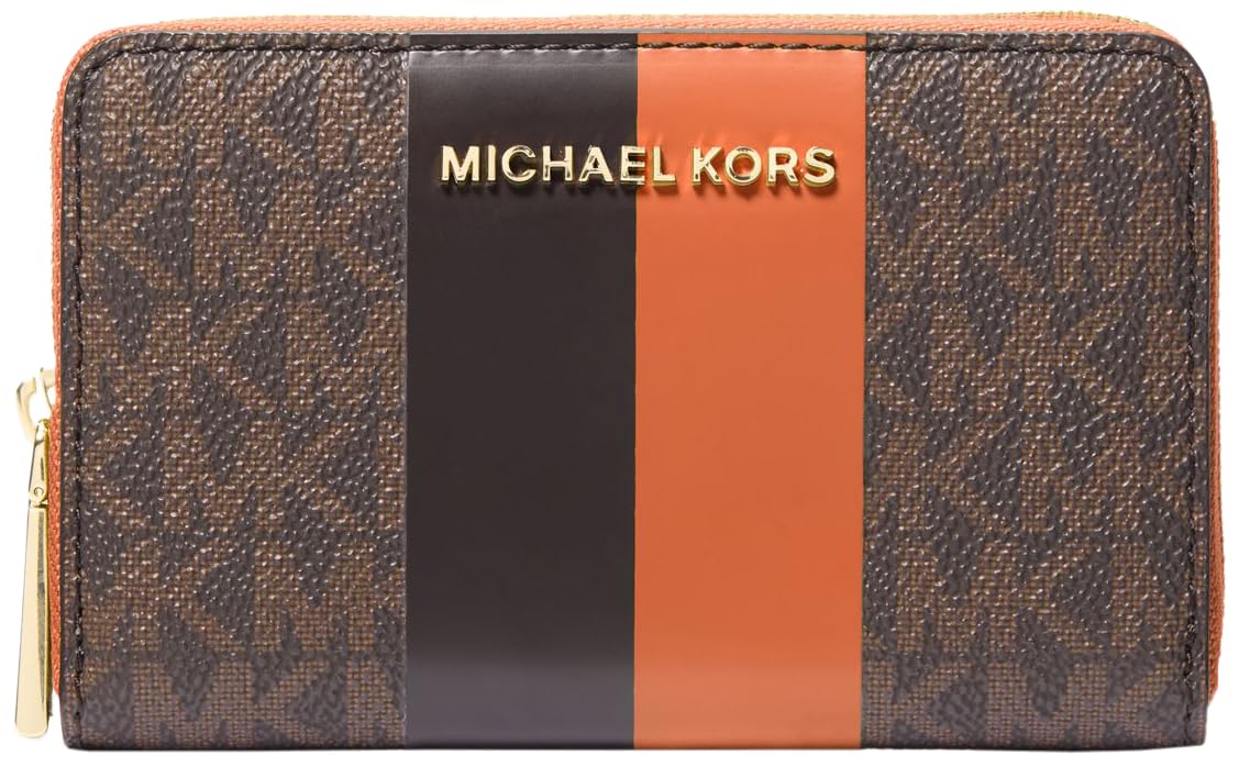 Michael Kors Jet Set Small Zip Around Card Case, Gold-Tone Hardware/Signature with Center Stripe/Orange Punch