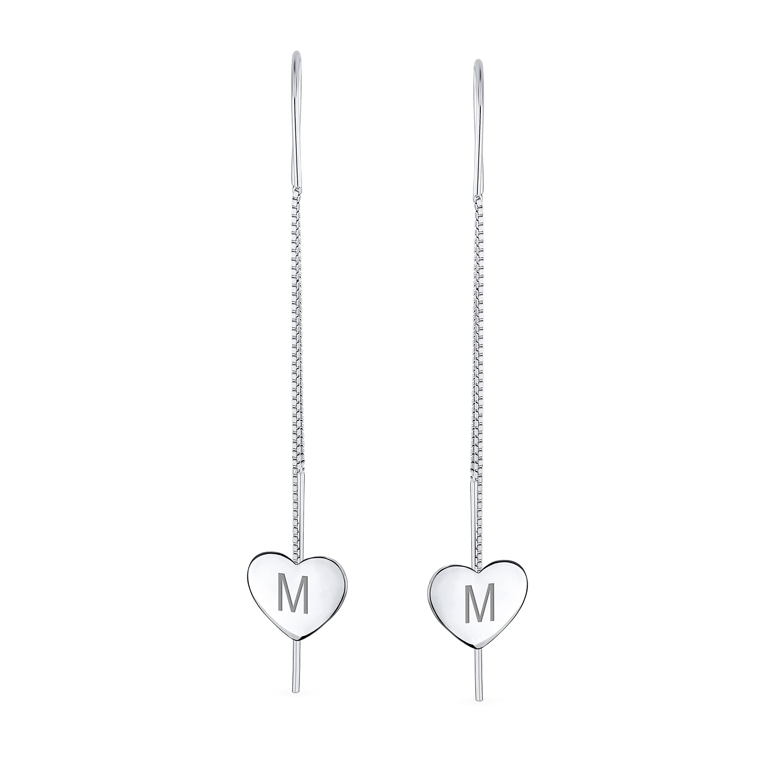 Letra Del Alfabeto Inicial Personalizada M Pendientesde Cadena De Corazón Planos, Ligeros Y Largos Con Enhebrador Para Mujeres Adolescentes .925 Plata De Ley Estabilizador Gancho En U Grabado A Medida