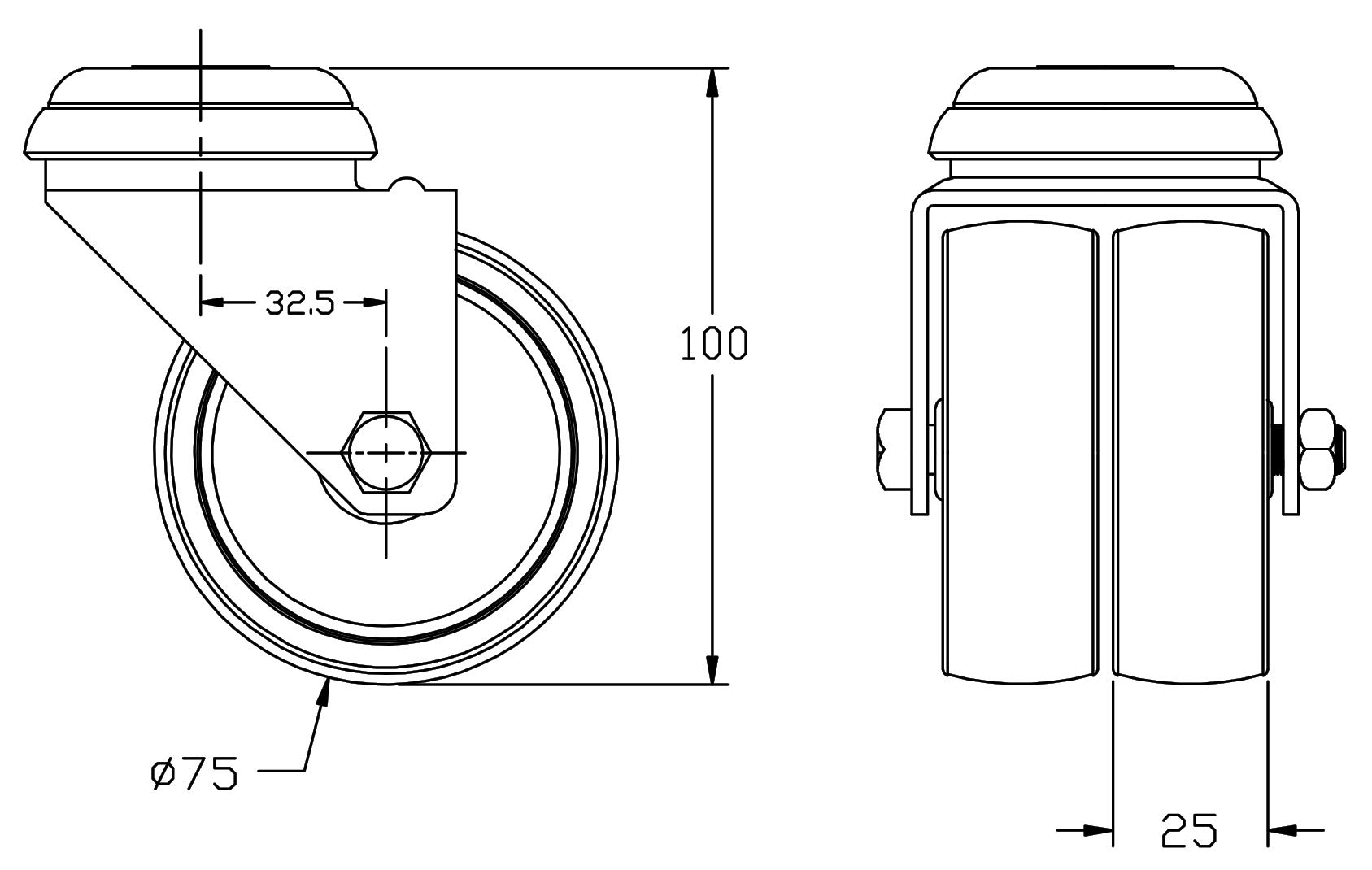 Ruote gemelle da 75 mm in gomma grigia girevoli e freno, capacità 400 kg, set da 4