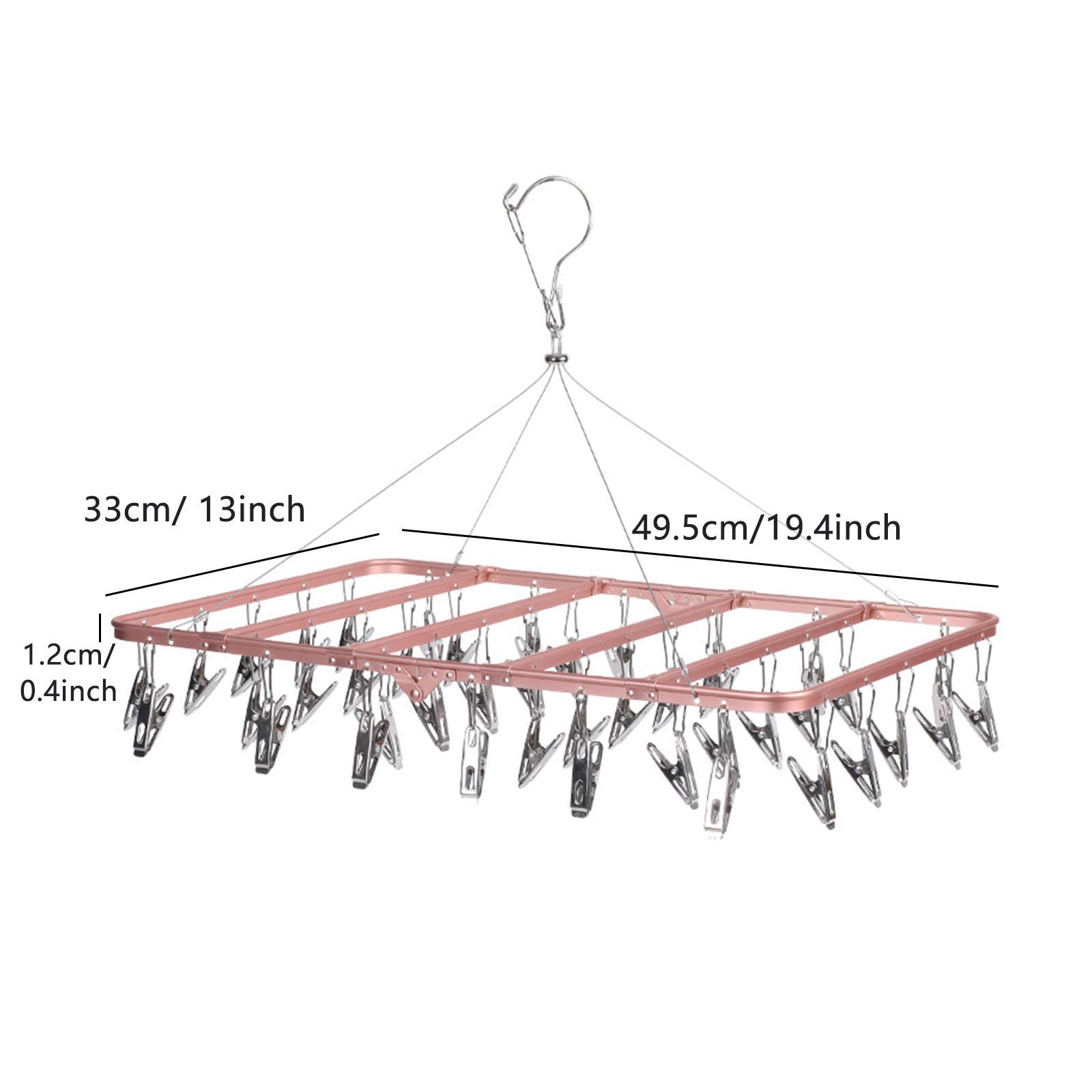 Stendibiancheria per calzini con 42 clip per appendere i vestiti dei bambini, mollette, design pieghevole, ganci di chiusura antivento, rettangolo (colore: oro + argento) Efficienza (argento + argent
