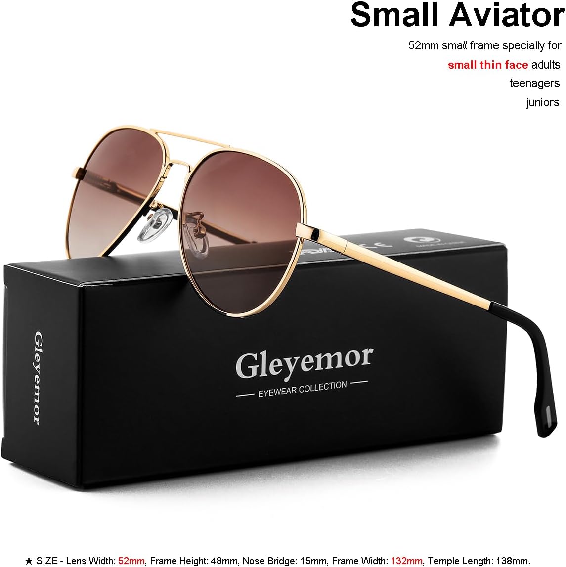 Gleyemor Polarized Aviator Sunglasses for Small Face Women and Men, 52MM Small Aviators 100% UV Protection - Image 2