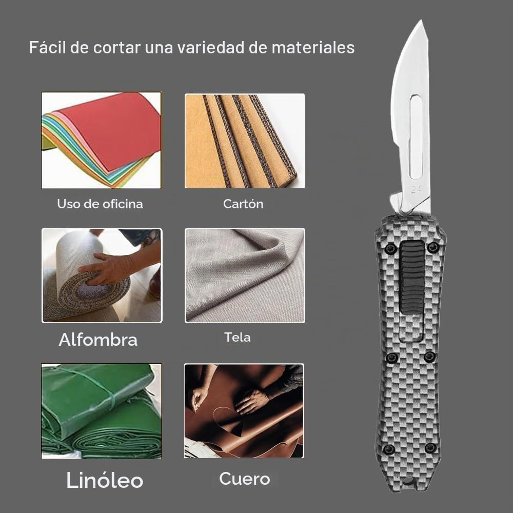 Cuchillo multiusos, automático con botón pulsador, cúter retráctil con 10 cuchillas n.° 24, cuchillo multiusos de bolsillo (A 04)
