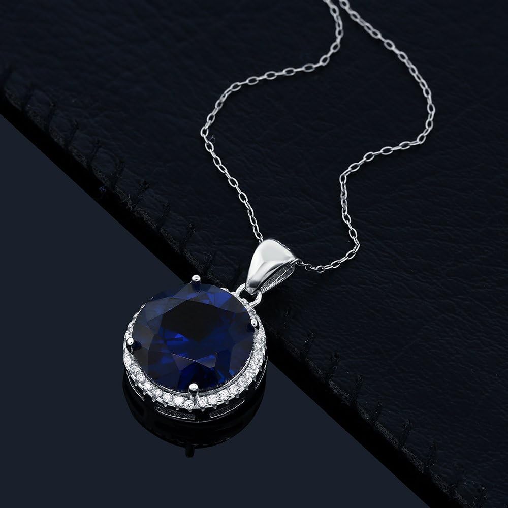 Gem Stone King 9.00 Cttw Blue Simulated Sapphire Pendant Necklace For Women | 925 Sterling Silver | Round 13MM | With 18 Inch Silver Chain - Image 4