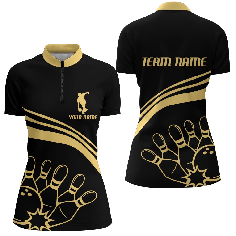 PIONAMZIOZ Black&Gold Bowling Shirt Men and Women Custom Bowling Jersey Bowling Team League Polo&Quarter-Zip Shirt BDT14 (Women Quarter-Zip)