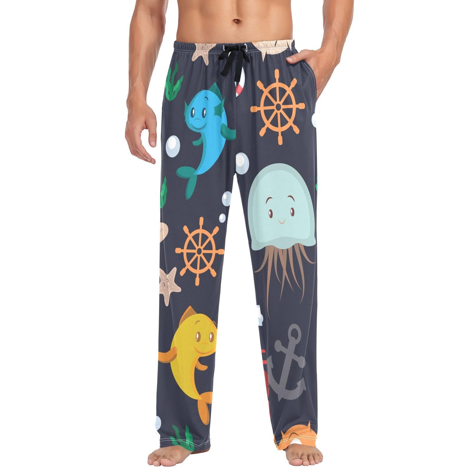 Linomo Mens Pyjama Bottoms Cartoon Jellyfish Crab Fish Anchor Pyjamas Loungewear 100% Cotton Pyjama Trouser Nightwear PJs Pants for Men Boys