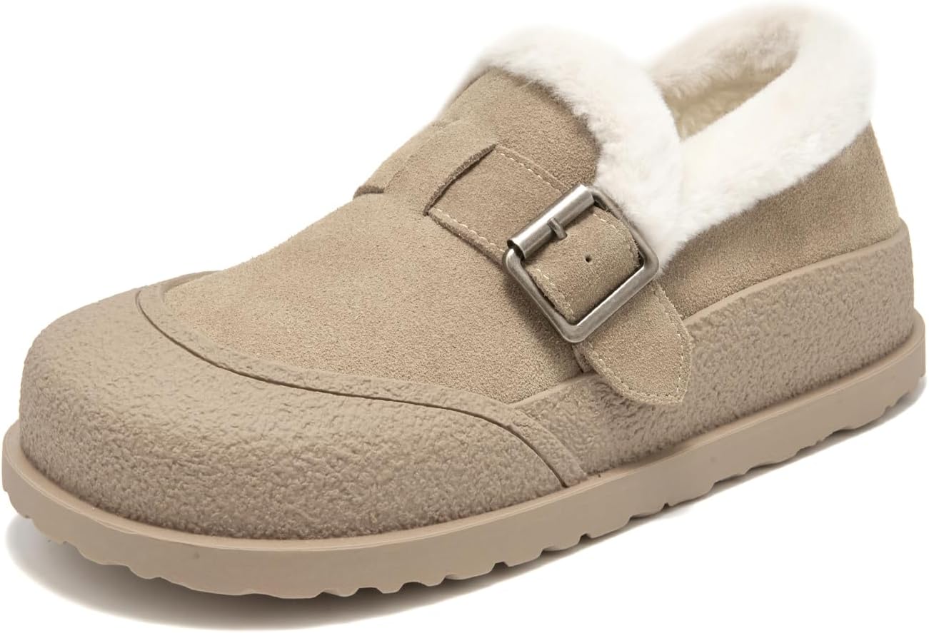 BEAU TODAY Women Winter Loafers,Platform Suede Leather Comfortable Loafers for Women,Slip On Cute Fur Lined Adjustable Loafers Mules
