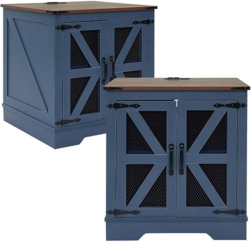 Juego de 2 mesas auxiliares de granja de 21.1 pulgadas con estación de carga y puerta de granero de malla, mesita de noche de madera rústica con