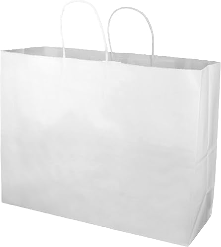 SSWBasics Bolsas de papel grandes con asas - Bolsas de compras de papel kraft blanco, caja de 100, ideal para venta al por menor y regalos, embalaje