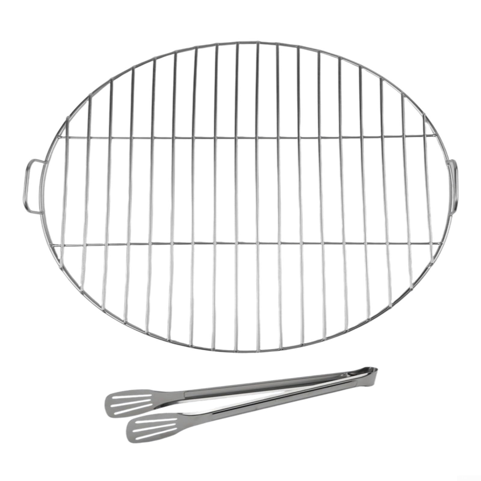Rejilla redonda de acero inoxidable antideformación con mango resistente al aceite para parrillas de barbacoa de carbón de 57-60 cm (55 cm)