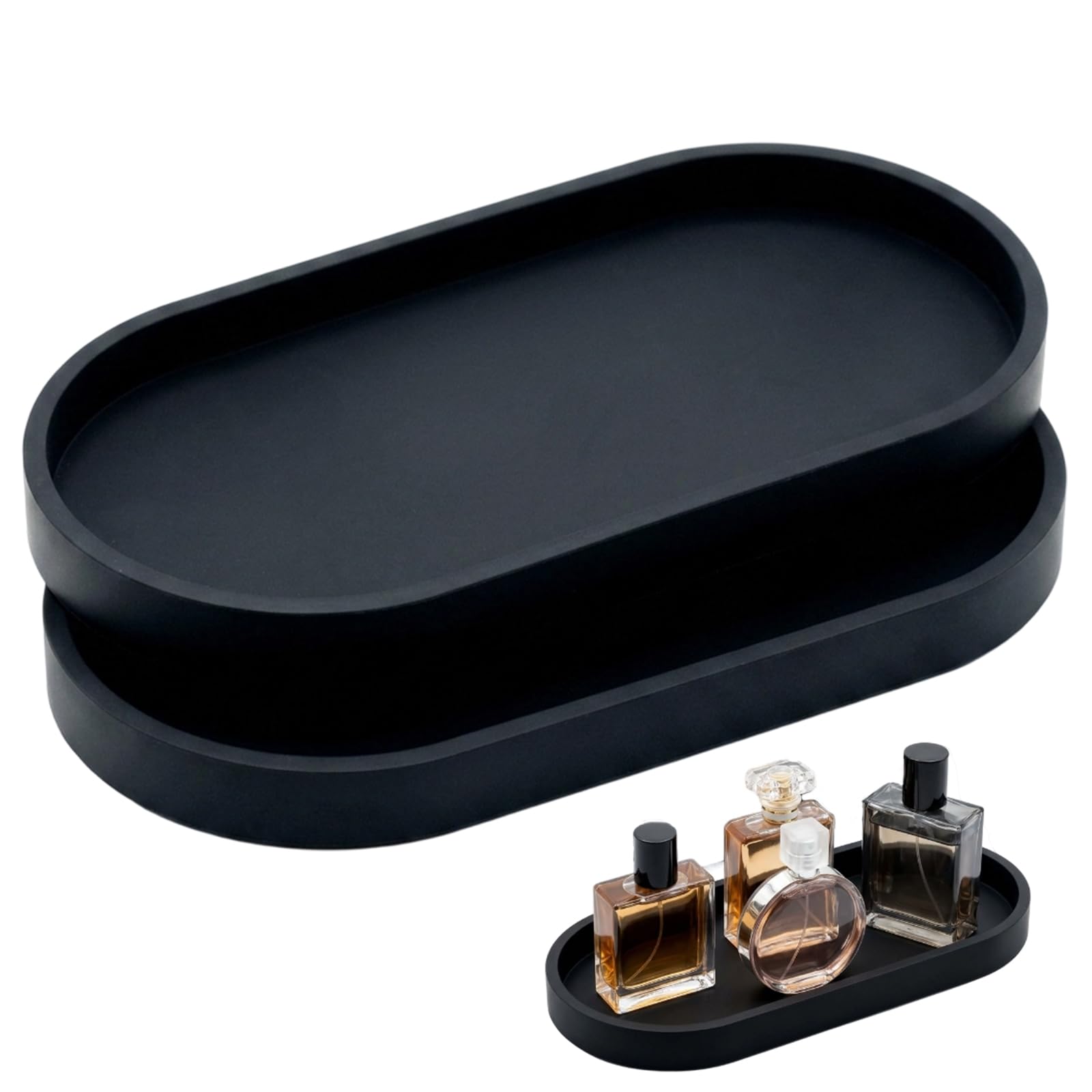 2 Pcs Key Tray, Bathroom Vanity Tray, Black Tray for Perfume and Candle Display, Dresser Jewelry Ring Dish Tank Kitchen Sink Countertop Organiser Plate Holder, Decorative Tray for Home Organisation