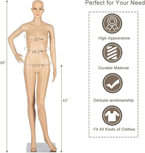 Miniatura 3 de Bonnlo Maniquí femenino de cuerpo completo, ajustable, forma de vestido de maniquí con base de metal, 68 pulgadas, plástico desmontable para