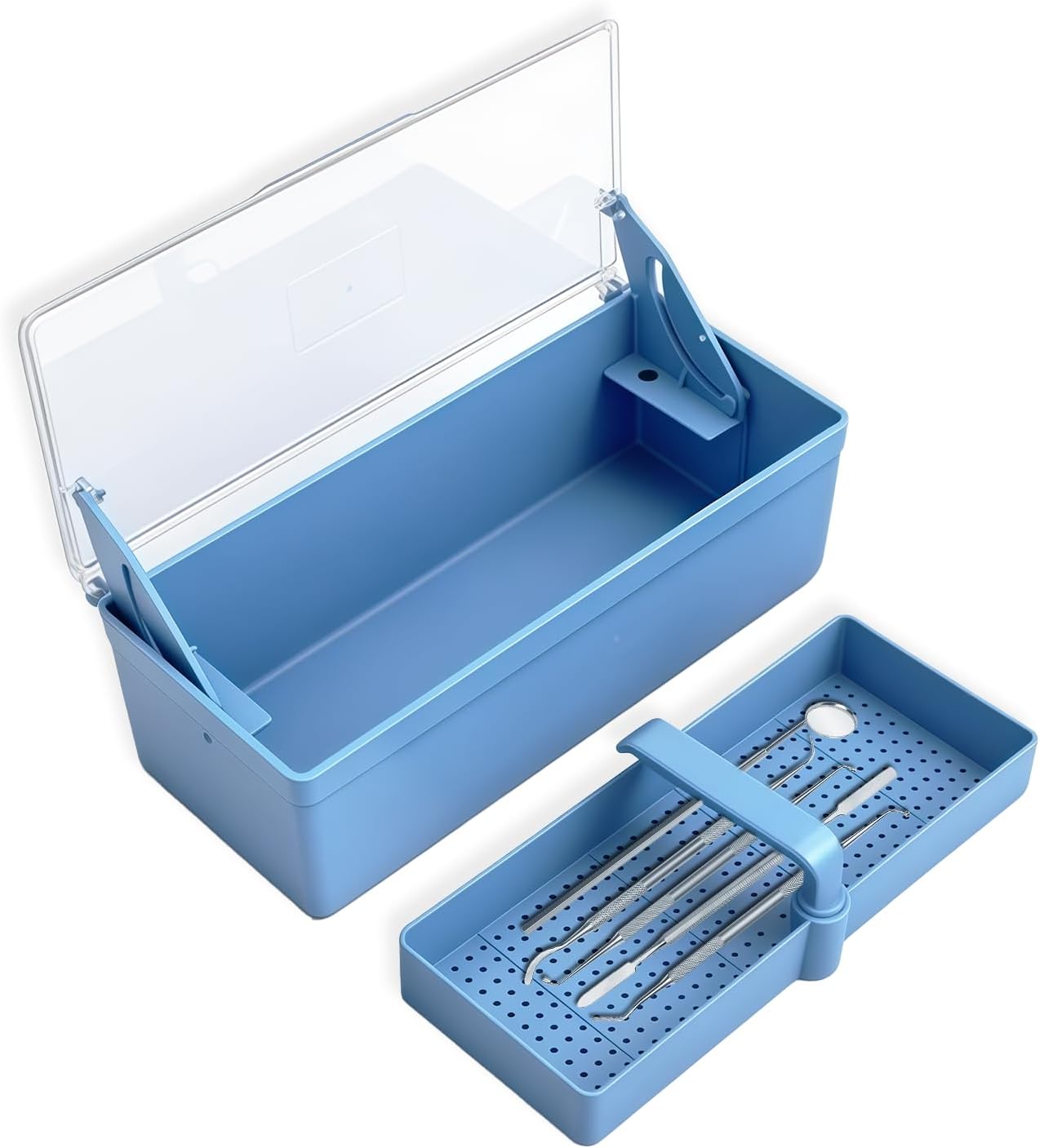 Extra Long 10.4" Dental Instrument Soaking Tray with Drain Basket & Viewing Window, Plastic Storage Organizer for Dental Tools, Tattoo Spatulas, Forceps and Pliers (Blue)