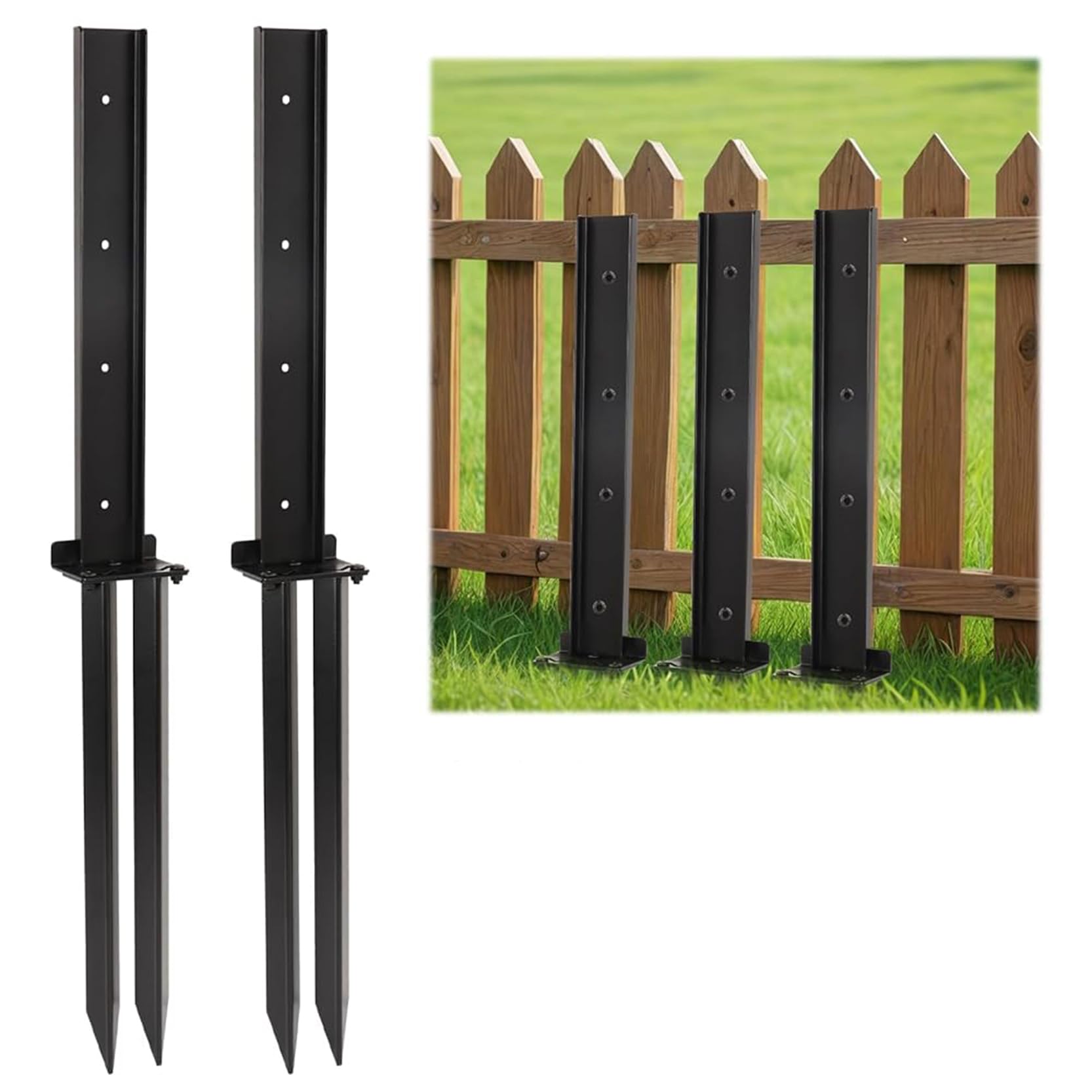 GOUZIBHD Heavy Duty Fence Post Repair Stake Fence Post Repair Kit Steel Ground Spike Fencing Stakes for Repair Tilted or Broken Wooden Fence Posts,Easy Installation(Size:2 Pack)