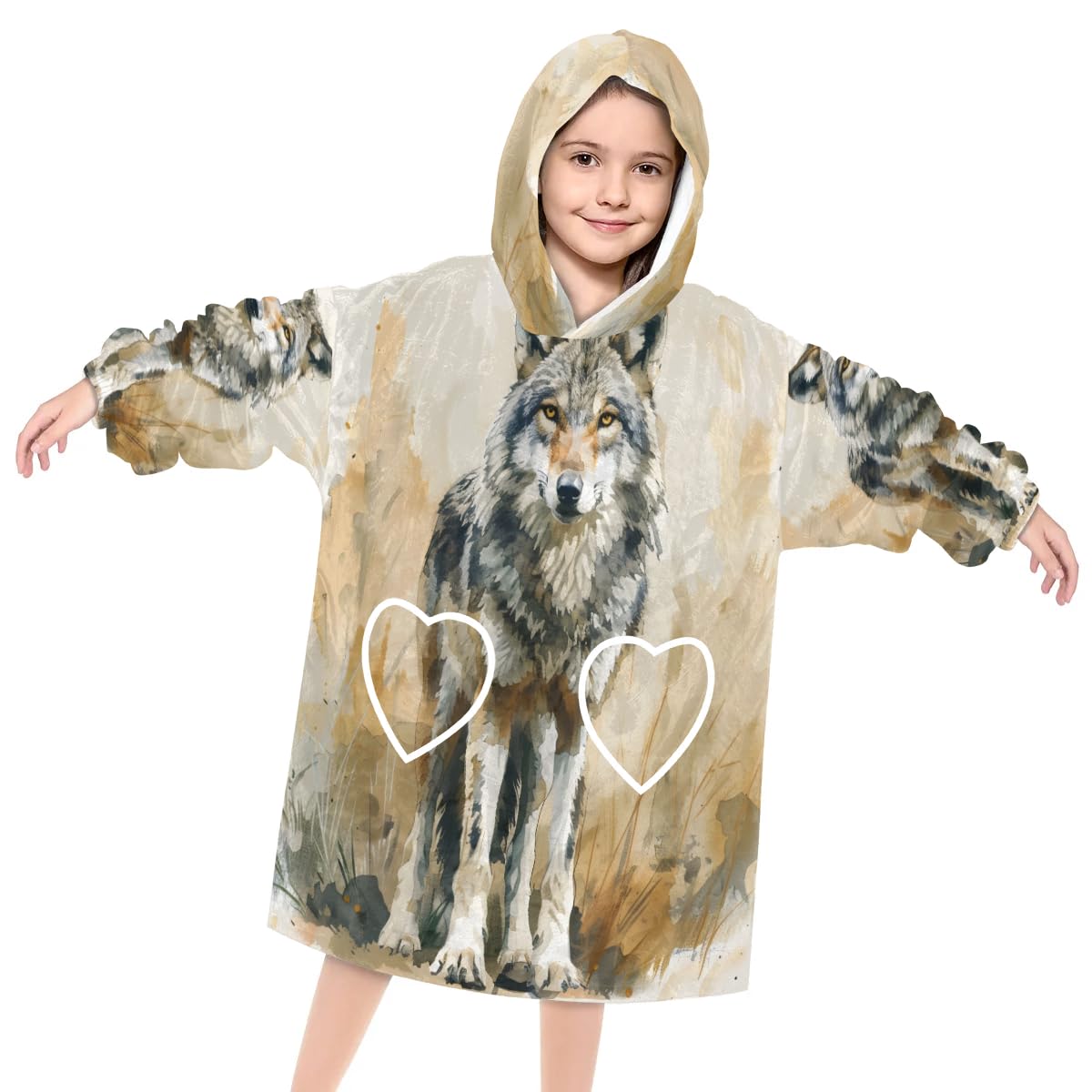 Pardick Wearable Blanket Hoodie for Kids, Watercolor Wolves Fleece Sweatshirt Blanket Oversized Blanket Sweatshirt with Pocket Flannel Warm Hooded Blanket 6-10 Year Old Girl Boy Gift, One Size