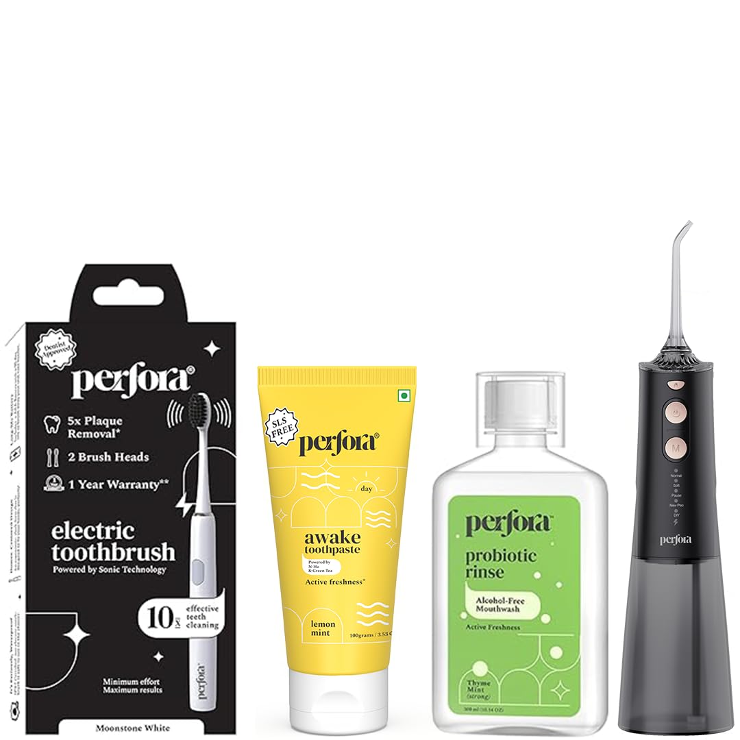 Perfora Essential Expert Care Combo | Moonstone White Electric Toothbrush | Thyme Mint Mouthwash | Water Flosser | Awake Toothpaste | Made Safe Certified | Pack Of 4