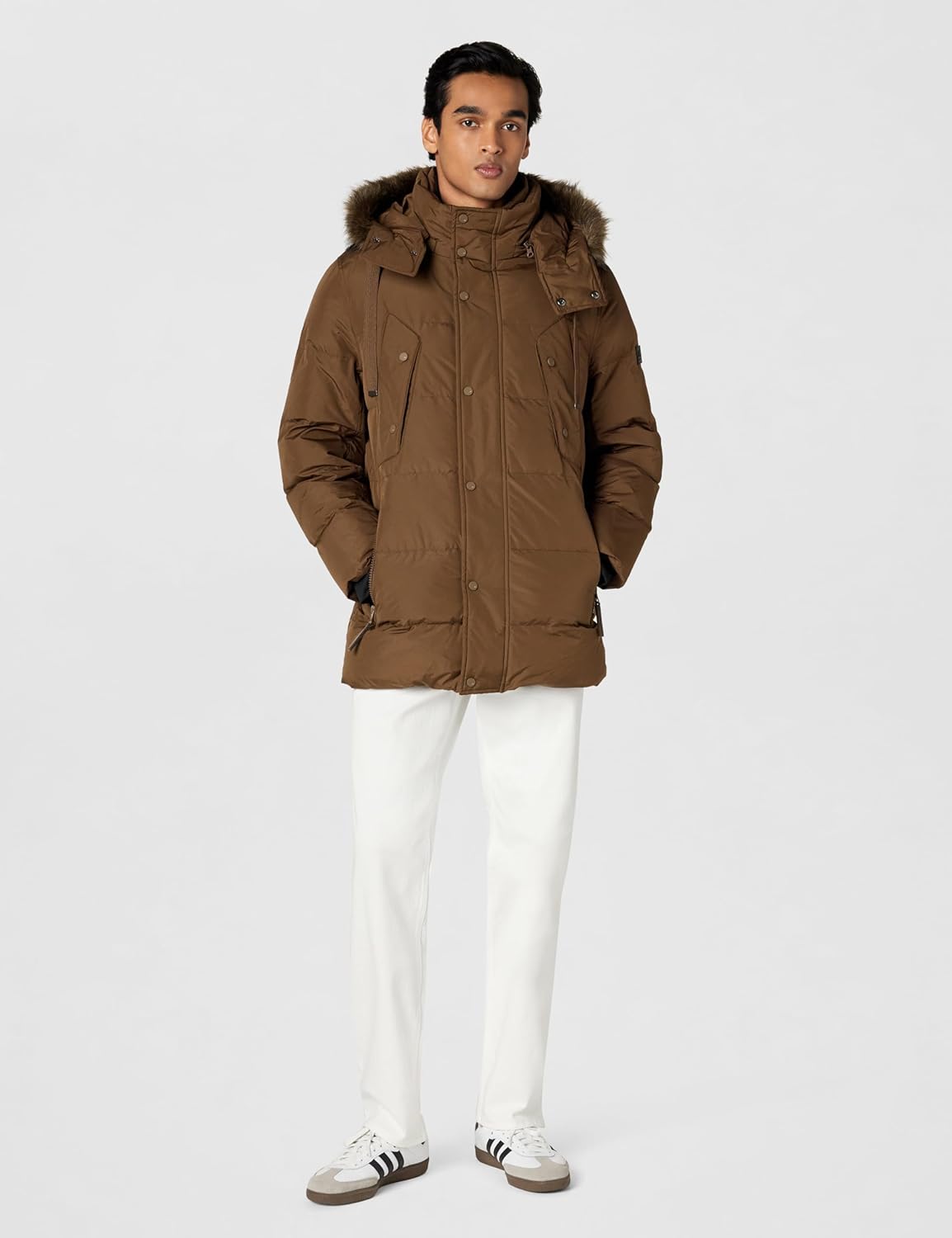 Andrew Marc Men's Gattica Down Parka Jacket With Removable Faux Fur Trimmed Hood and Bib