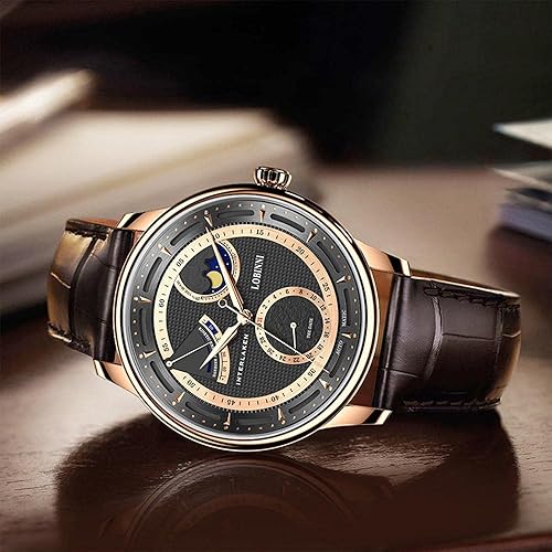 Miniatura 3 de LOBINNI Reloj automático mecánico de fase lunar para hombre, impermeable, vestido de pulsera de lujo de moda para hombre