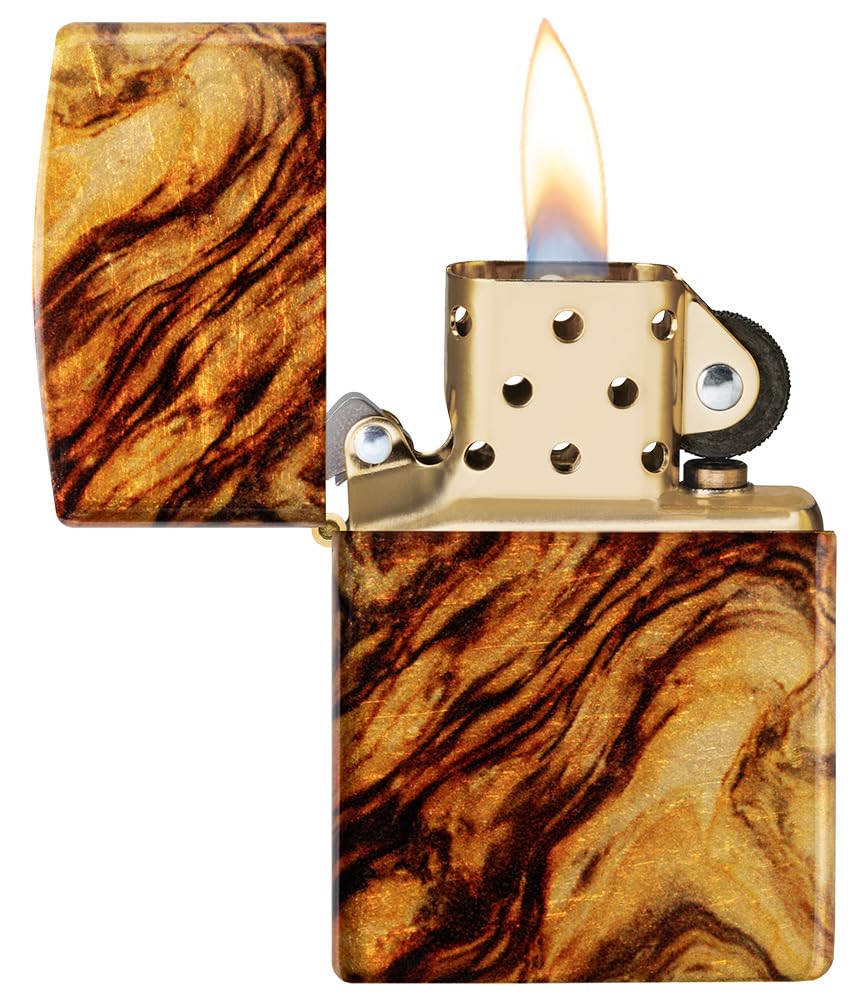 Zippo Encendedor a Prueba de Viento - Modelo Wood - Dorado y Marrón, Acabado de Latón Pulido con 540 Fusion - Recargable - Reutilizable - Diseño a Prueba de Viento - Caja de Regalo - Hecho en EEUU