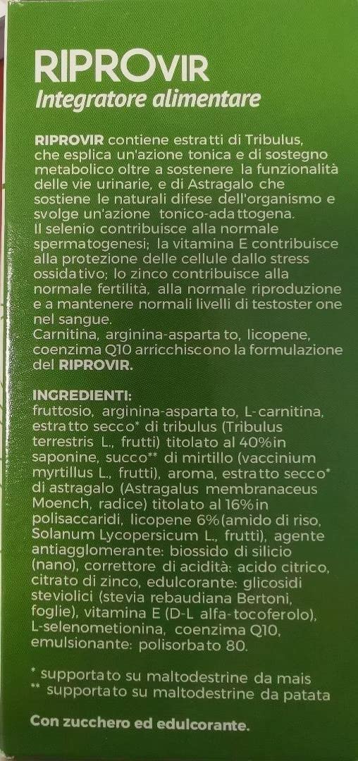 RIPROVIR integratore alimentare in bustine solubili con Tribulus, Astragalo, L-Carnitina, Arginina-Aspartato, Licopene, Zinco, Vitamina E, Selenio, Coenzima Q10. SENZA GLUTINE E LATTOSIO