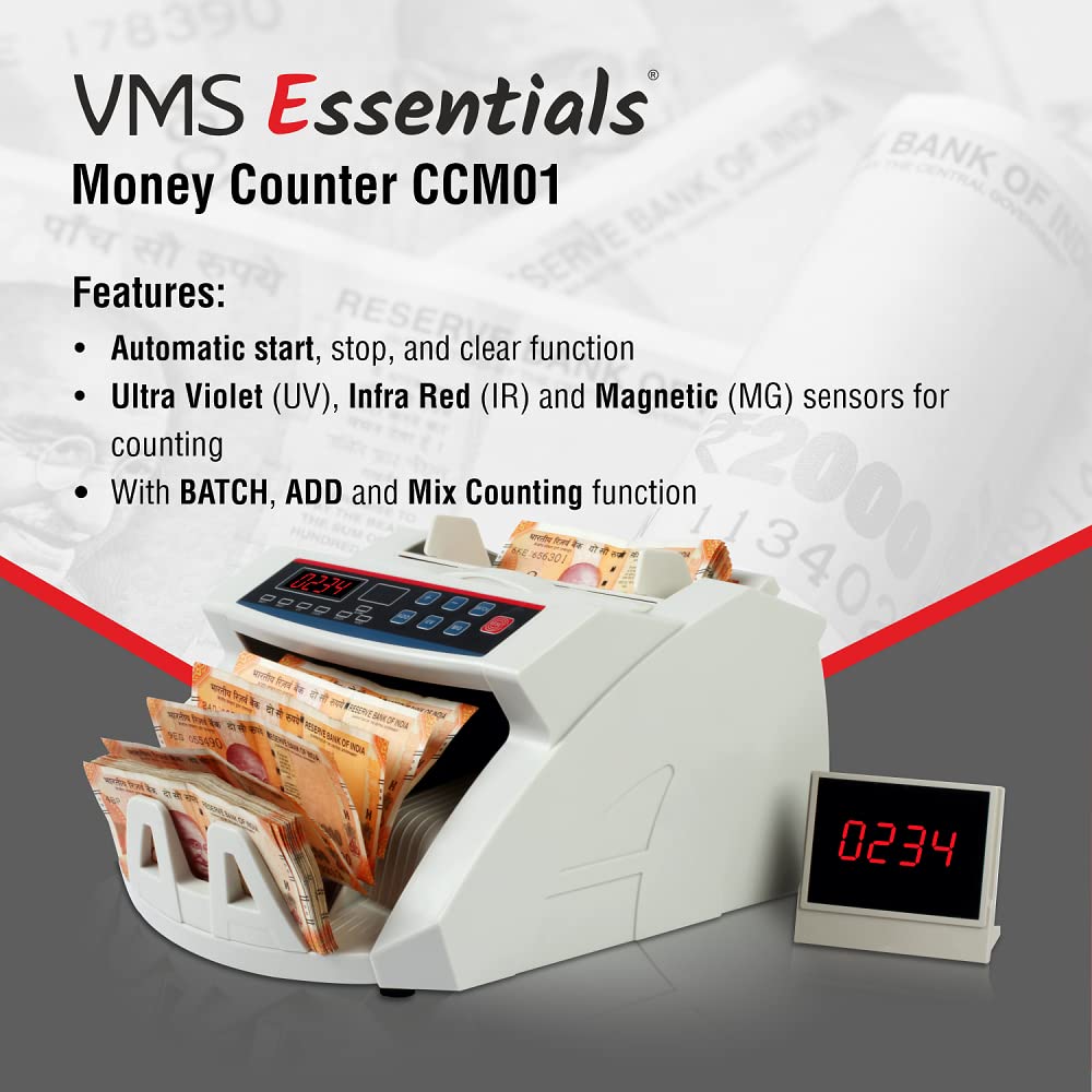 VMS Essentials CCM01 licznik walut – zaawansowane wykrywanie podróbek za pomocą czujników UV, MG, podwójnego wyświetlacza LED i rocznej gwarancji w zestawie