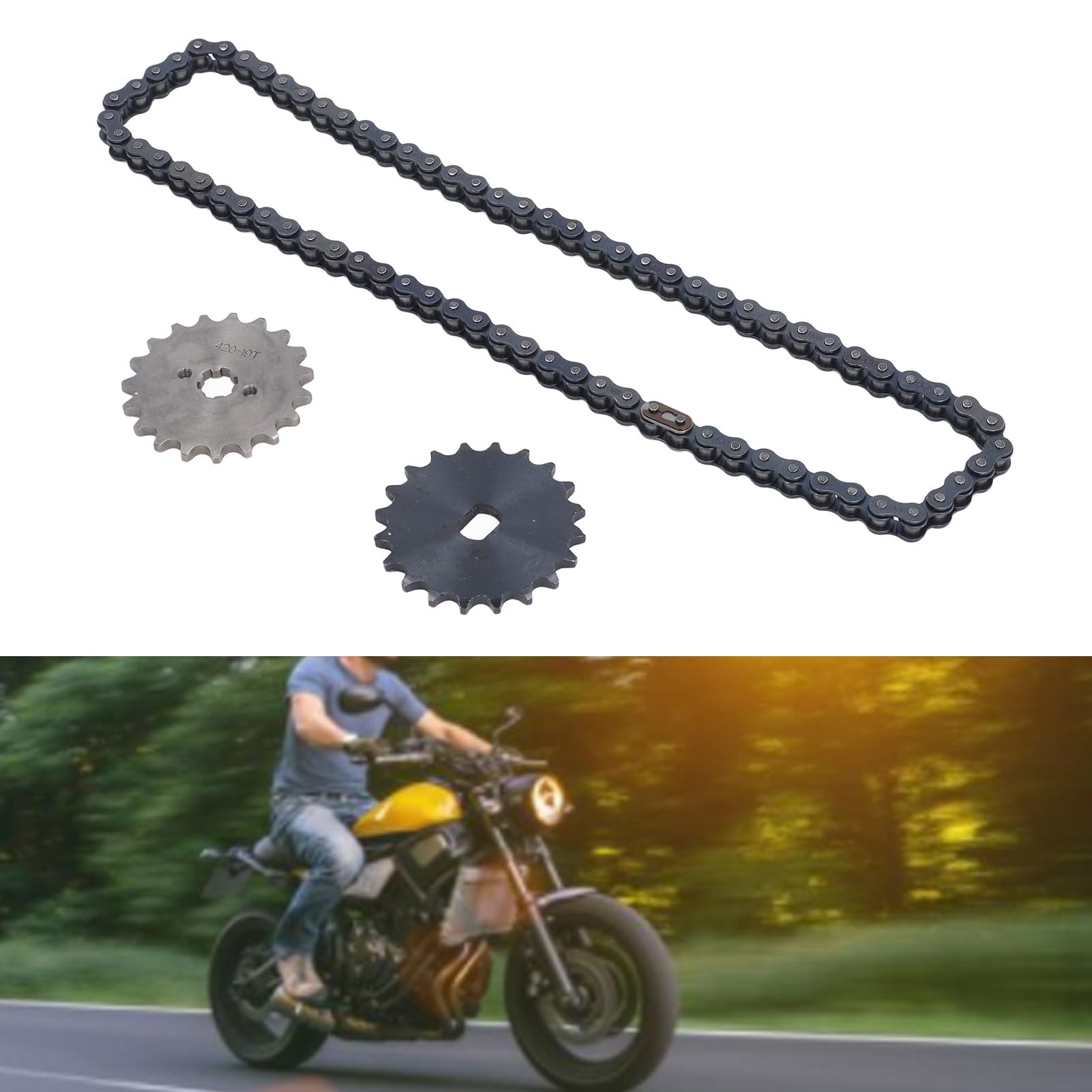 Acouto 420 Jeu de Chaînes 19T Pignon Avant 20T H Trou Pignon Arrière Chaîne en Acier Accessoire pour Remplacement Léger et d'autres Pratiques pour de Nombreux Véhicules DIY Parfaitement