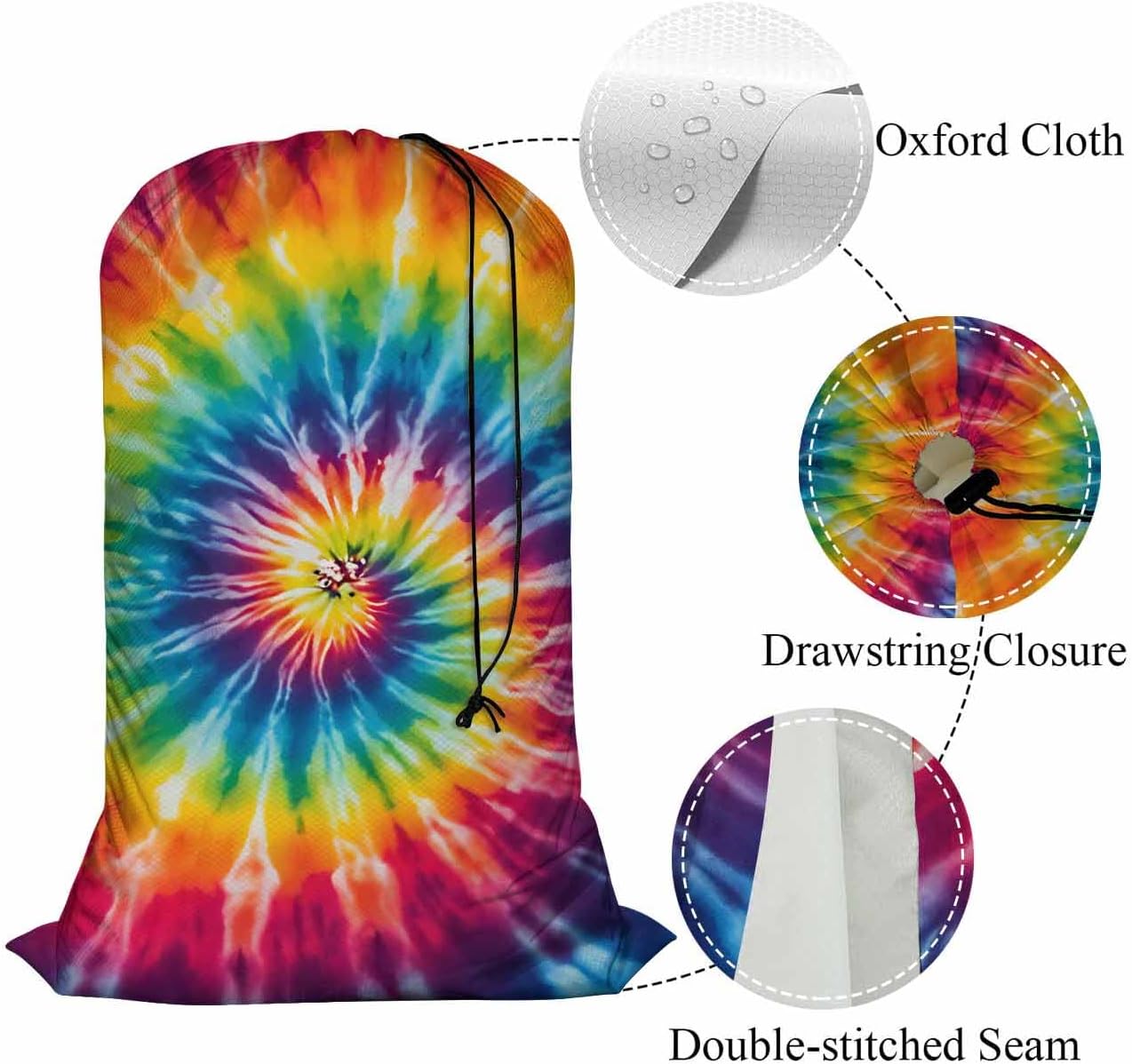Swono Tie Dye Laundry Bag Drawstring Closure Colorful Psychedelic Rainbow Abstract Pattern Heavy Duty Laundry Portable for Home Dorm Room Essentials for Travel Camp, Oxford Cloth, Spiral image 4