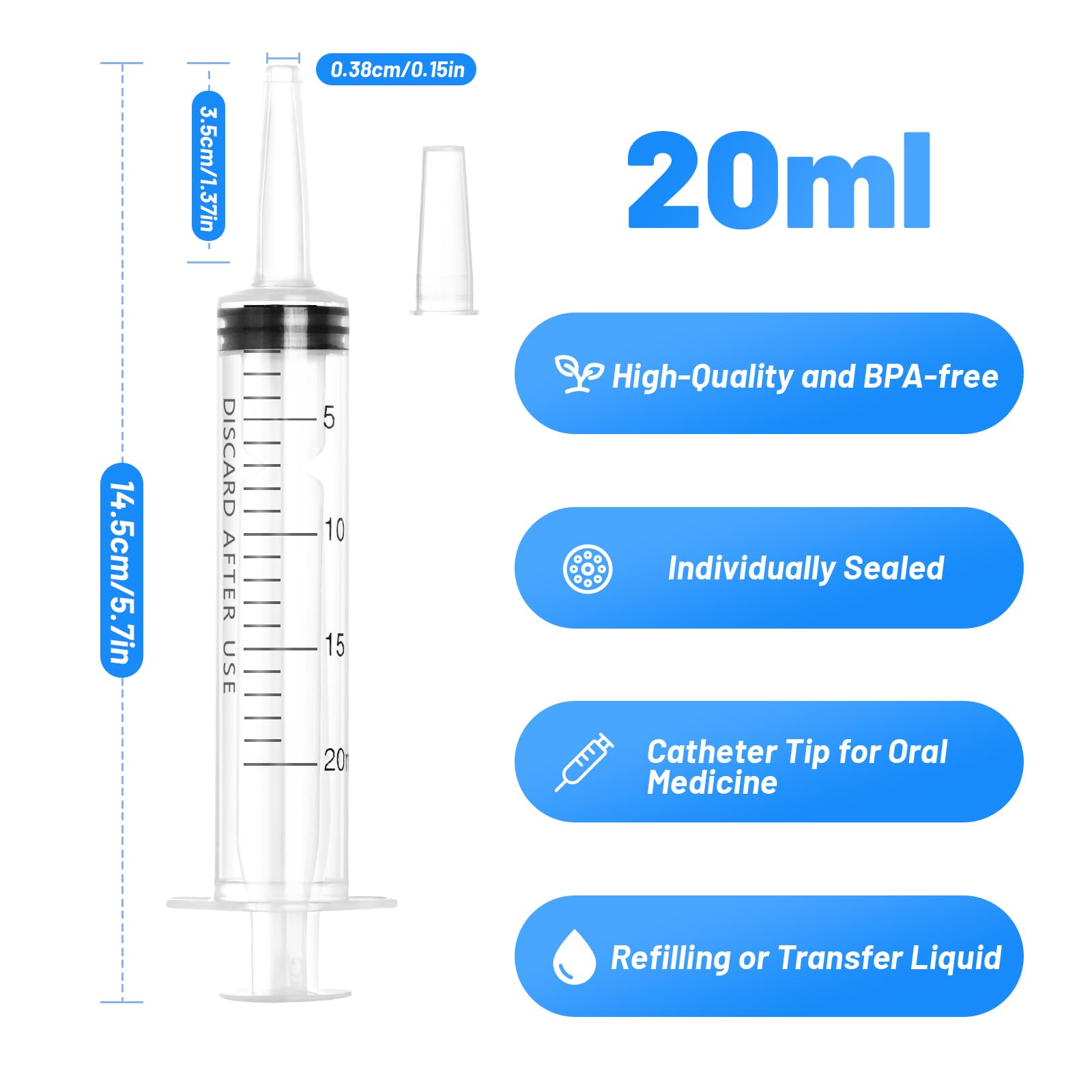 Jeringa de plástico de 20 ml con tapa, jeringas grandes sin aguja para líquidos, laboratorios científicos, medición, alimentación de mascotas, relleno de tinta, aplicador de aceite o pegamento,