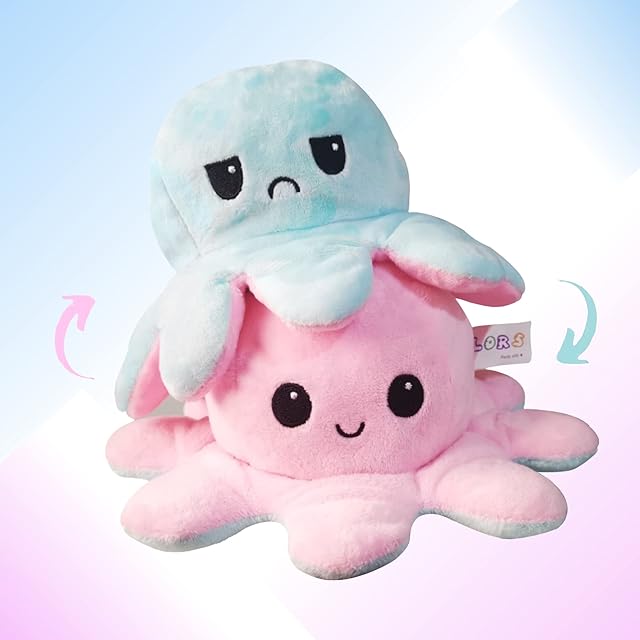 Giant Reversible Octopus Plush large - Happy and sad moody octopus stuffed toy- 40cm Big XXL size- flippy Octopus Plushie Reversable teddy  Angry flip octopus UK shows Emotion without saying words!