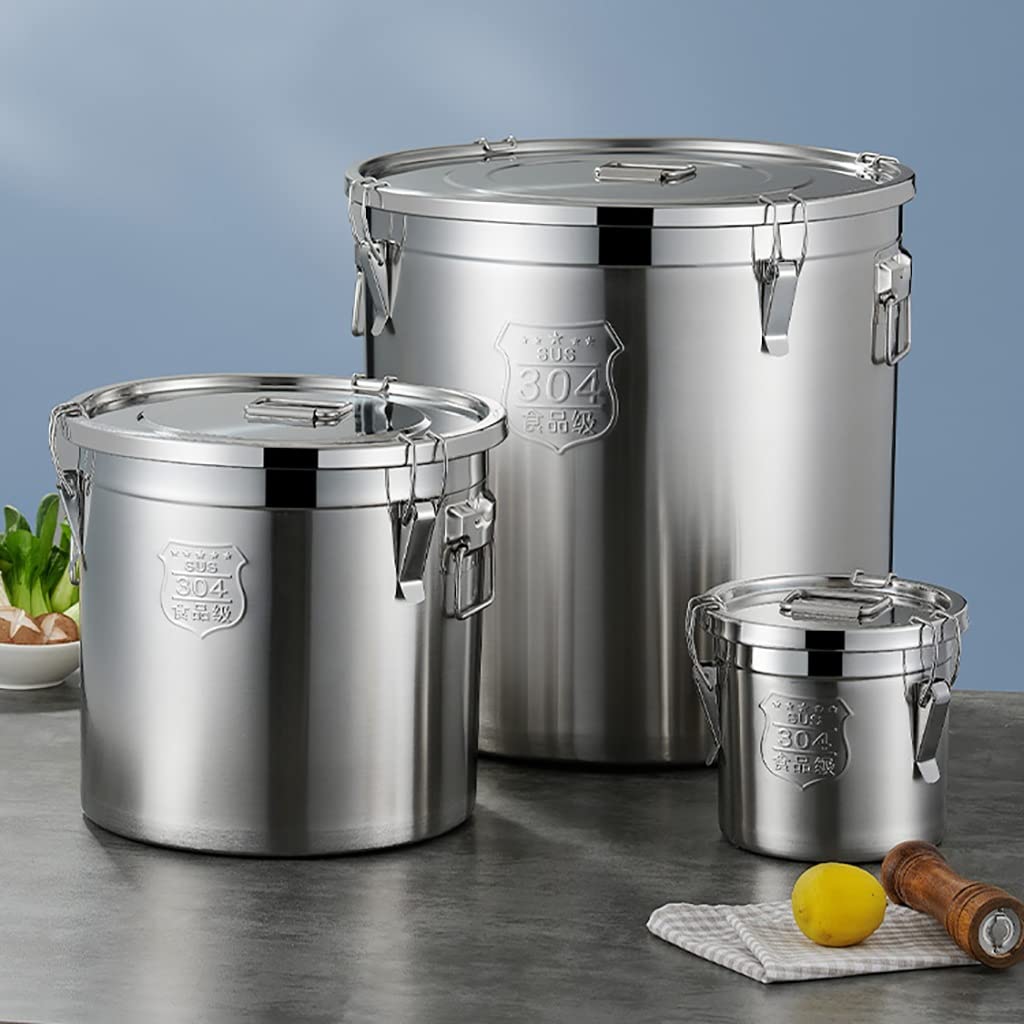 Pentola capiente Acciaio Inox Barile sigillato Ispessito con Coperchio, Contenitore in Acciaio Inossidabile, Resistente all'umidità e agli Insetti, Anello di Tenuta in Silicone, Tenuta Forte