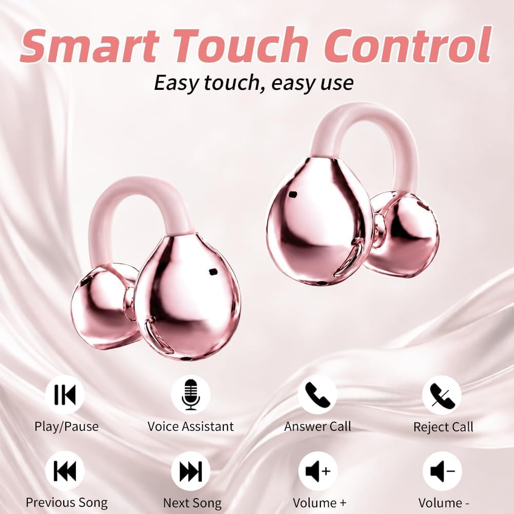 Auricolari Bluetooth a clip con custodia di ricarica e piccolo specchietto per il trucco, Bluetooth 6.0, suono stereo a conduzione ossea, batteria a lunga durata e comfort per tutto il giorno
