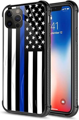 Miniatura 1 de ZHEGAILIAN Funda compatible con iPhone 13 Mini, funda de bandera estadounidense de línea azul, parte trasera de vidrio templado + funda protectora