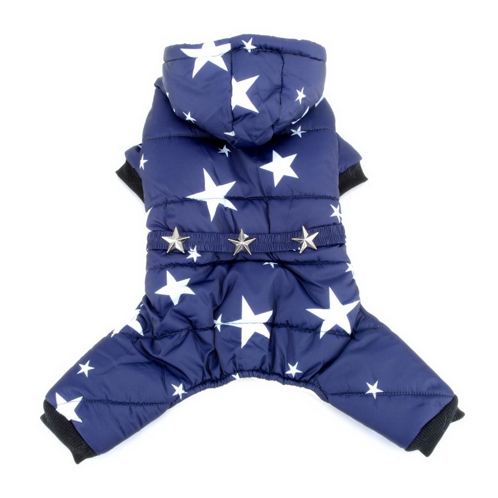 ZUNEA Small Dog Snowsuit Hooded Jumpsuit Stars Belt Puppy Coats Jacket Pet Cold Weather Clothes Winter Warm Chihuahua Hoodie Apparel Blue M