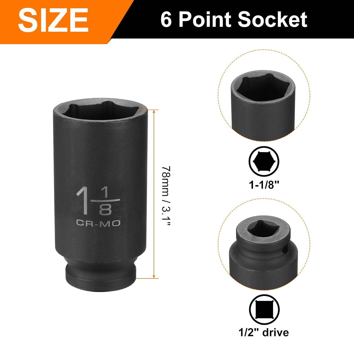 HARFINGTON 3pcs 6 Point Shallow Impact Socket 1-1/8" Socket 1/2" Square Drive 78mm (3.1") Long 40cr Alloy Steel for Home Auto Axle Hex Nuts Bolts Repair, Black