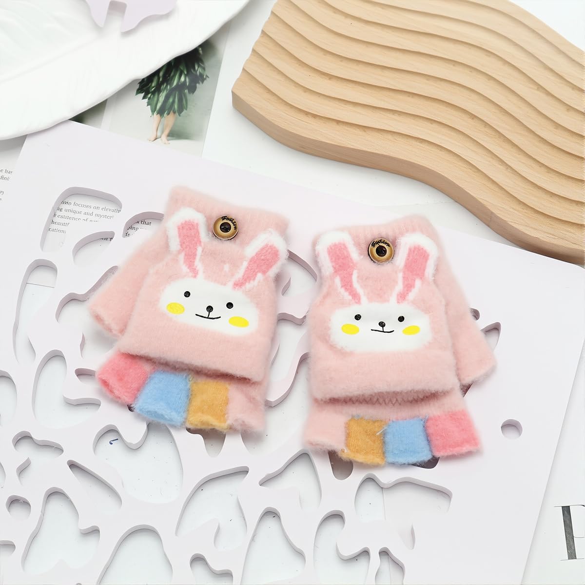 PATPAT® Pink Bunny Flip Winter Gloves for Girls 4-12 Years | Warm Half Finger Kids Gloves with Guard Flap, Kids Hand Gloves for Outdoor Skiing, Cycling, Running, Mountain Climbing, Hiking, Writing 3