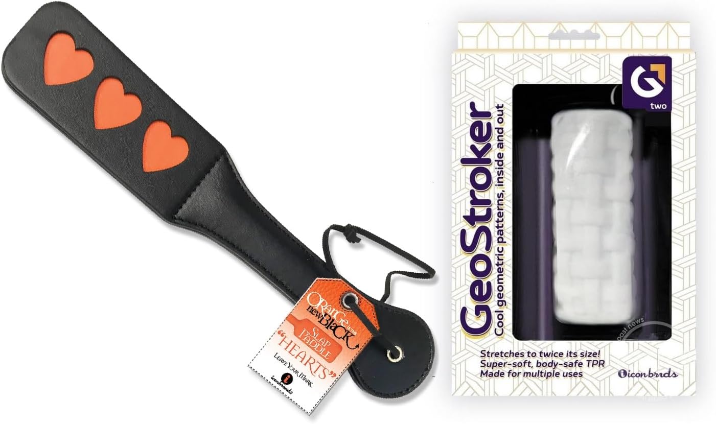 Couples Sex Toy Bundle of Orange is The New Black, Slap Paddle, Hearts and Icon Brands GeoStroker 2 Stroker - White