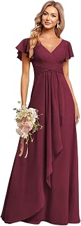 CuteMe Ruffle Sleeve Bridesmaid Dresses for Women Long V Neck Chiffon Long Formal Evening Dress with Pockets CC030