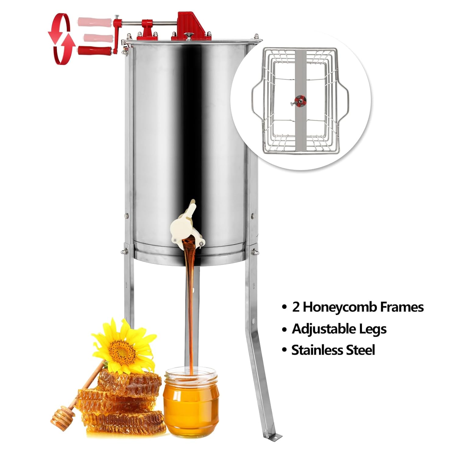 VINGLI 2 Frames Manual Honey Extractor Separator, Food Grade Stainless Steel Honeycomb Spinner Drum Crank By Hand with Adjustable Height Stands, Beekeeping Pro Extraction Apiary Centrifuge Equipment