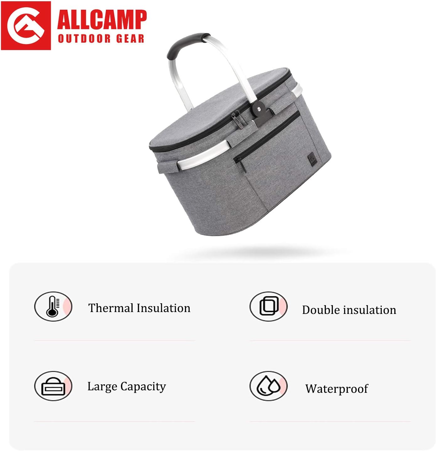 ALLCAMP Insulated Cooler Bag portable Collapsible Picnic Basket Cooler with Sewn in Frame (Medium Gray) : Patio, Lawn & Garden