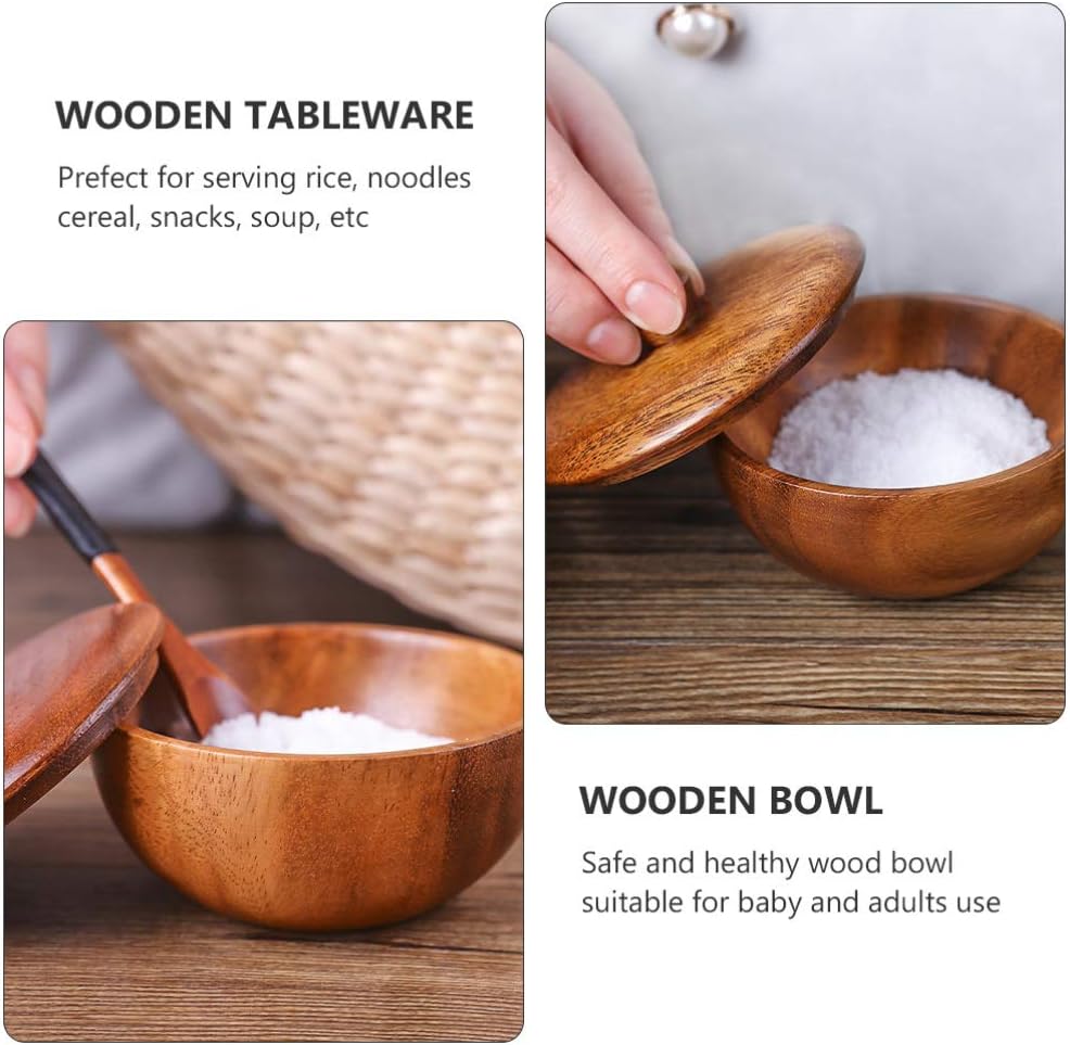 Hemoton Wooden Rice Bowl with Lid 3.14 Inch Acacia Wood Seasoning Bowl Food Container for Kids and Adults Safe Practical Kitchen Dining