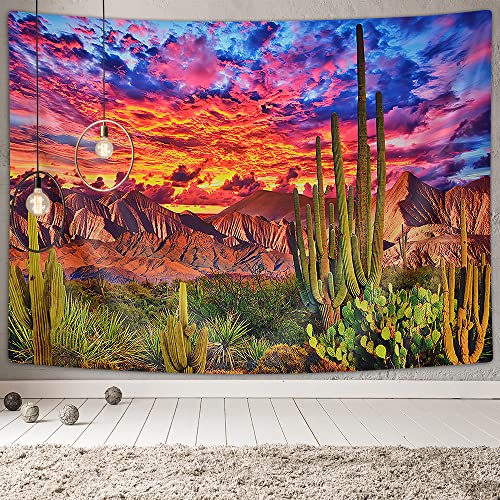 American Weatern Saguaro Sunset Tapestry Wall Hanging, West Mountain Desert Cactus Burning Clouds Texas Nature Scene Tapestries, Psychedelic Tropical Plants Tapestry For Bedroom Living Room Drom #TOP1