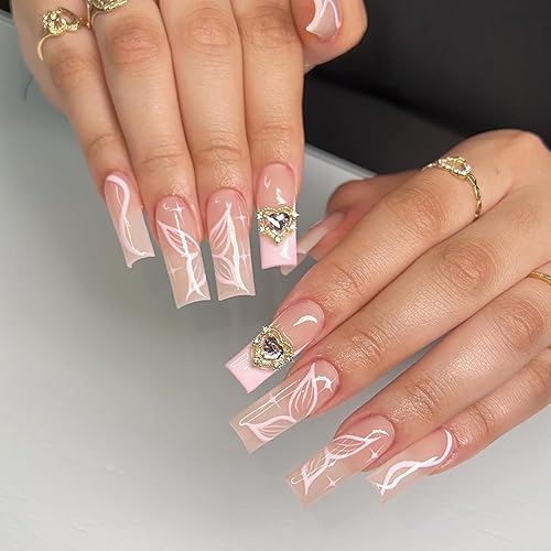 Miniatura 3 de Uñas postizas largas a presión en forma de ataúd, uñas postizas cuadradas de mariposa con dije de corazón morado 3D, diseños de diamantes dorados,