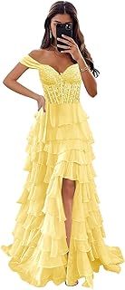 Off The Shoulder Prom Dresses Long Ball Gown with Slit Lace Appliques Tiered Chiffon Formal Evening Gown for Women - Buy now