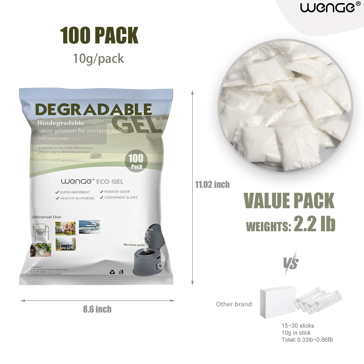 Wenge Gel de caca para inodoro portátil para camping, paquete de 100 unidades de orina súper absorbente, solidificante, polvo desodorizante y gelificante de residuos líquidos, gel ecológico para