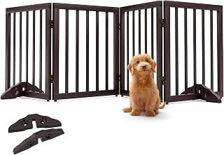 Wooden Dog Gate Foldable Dog Fence Freestanding 4 Panel Pet Gates Freestanding Folding Dog Gates House Pet Gate for Dogs Gate for Indoors,Extra Wide Dog Gate 24in Height with 2PCS Support Feet